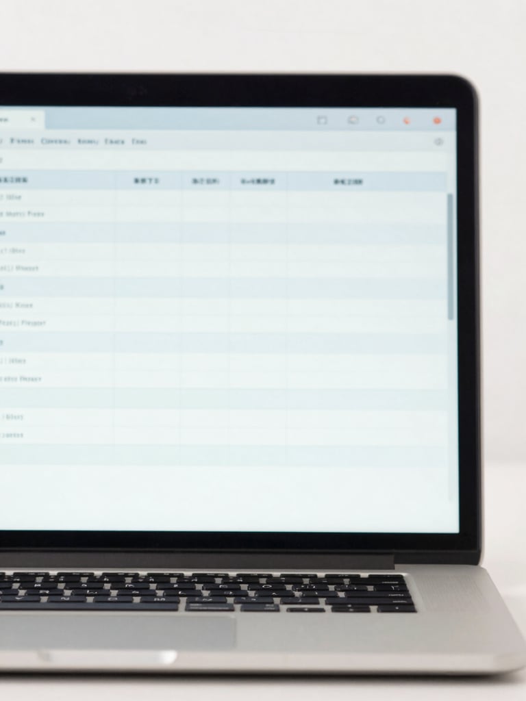 Close-up macro shot of a clean laptop screen showing a database structure, bright high-key studio light, sharp focus, neutral background