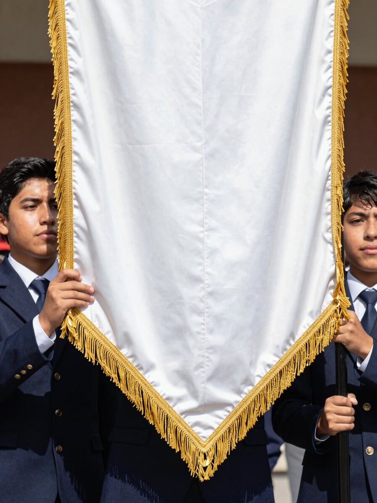 A school ceremony in Santiago, Chile, students in formal uniforms holding a large ceremonial flag with gold fringes, bright natural daylight, crisp textile textures