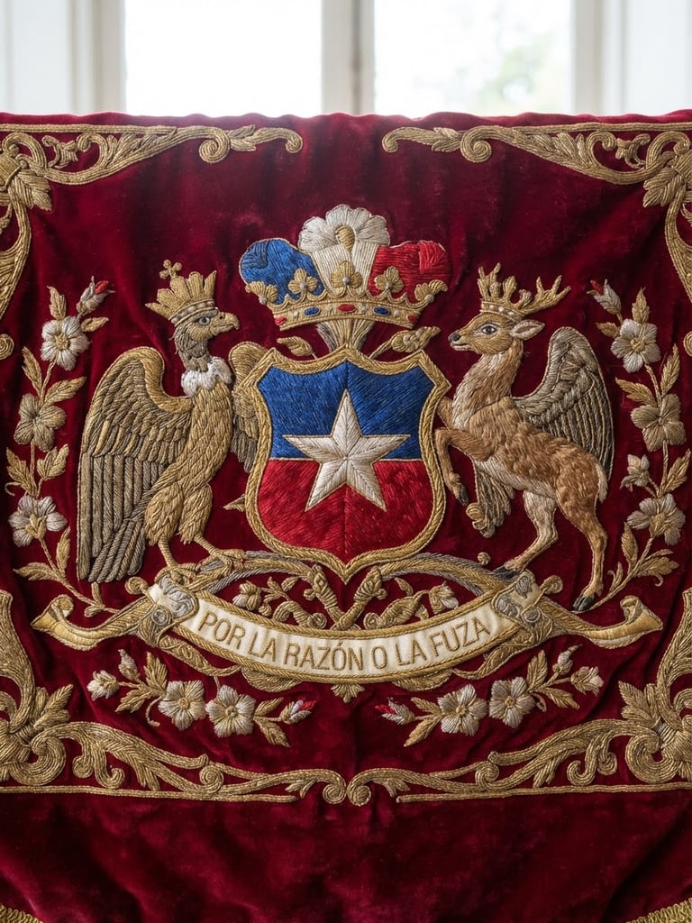 Close-up of a high-density embroidered Chilean coat of arms on a velvet ceremonial banner, rich golden threads, macro texture, professional indoor lighting.