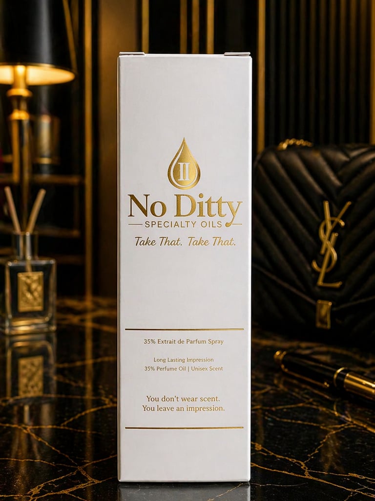 No Ditty 35% Extrait de Parfum spray and luxury gold-trimmed packaging for high-concentration fragrances.