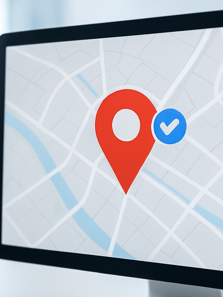 A close-up of a desktop screen displaying a verified Google Maps business pin with a blue verification checkmark, bright clean office lighting, sharp focus