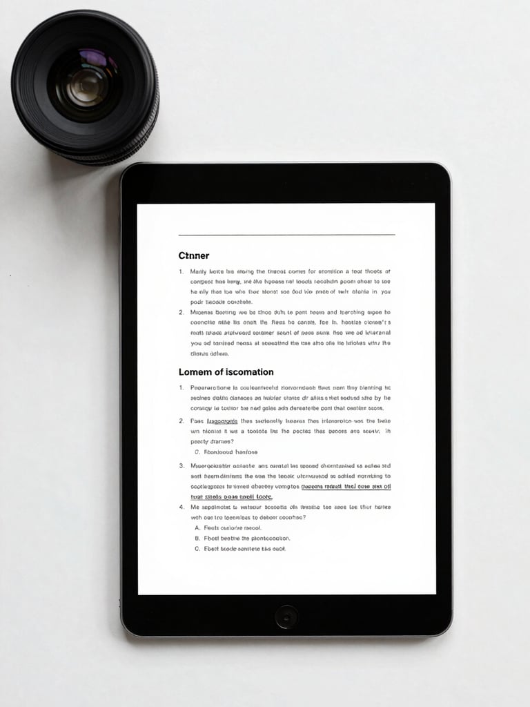 Overhead desk flat-lay of a pristine digital tablet displaying a clean black and white PDF layout of study notes, cool diffused daylight, 35mm lens