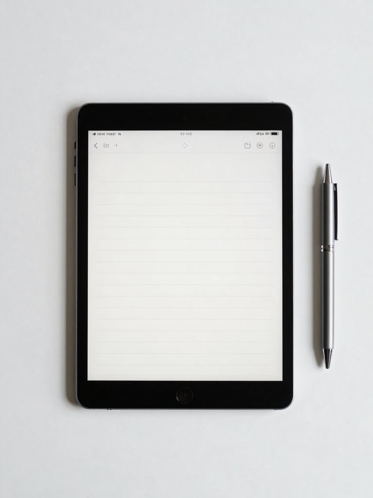 Overhead flat-lay of a digital tablet displaying clean monochrome study notes, next to a sleek pen on a white desk, diffused daylight
