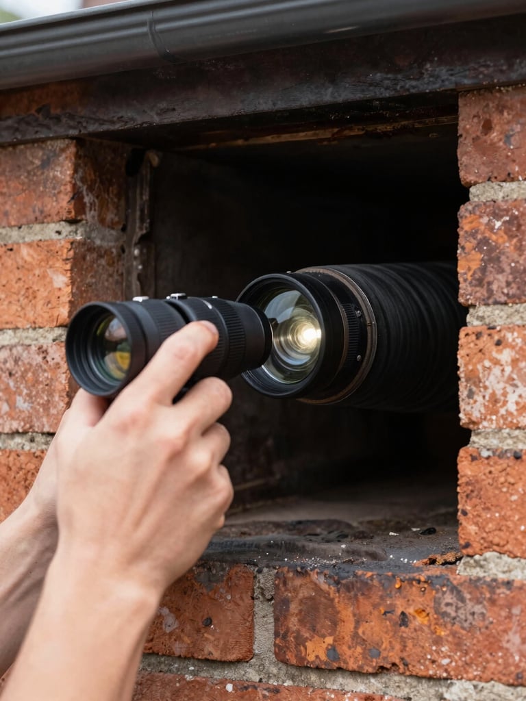 Close-up, high-contrast image of a technician using a diagnostic camera inside a dark chimney flue, showing the flue liner integrity, spotlighting the camera lens and brickwork, sharp focus.