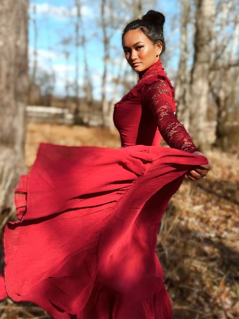 a woman in a red dress