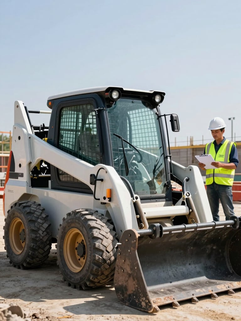 A clean skid steer loader parked on a bright daylight construction site, operator in high-visibility vest and hard hat standing nearby with a clipboard, sharp focus, technical grid feel.