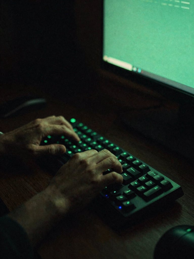 Low-key moody film photography of a developer's hands typing on a mechanical keyboard, soft terminal-green glow from an off-screen monitor, dark charcoal background.