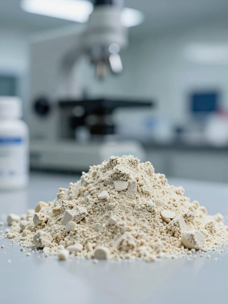 Macro shot of raw premium supplement powder in a clinical laboratory setting, cool lighting, shallow depth of field, high-tech industrial precision.