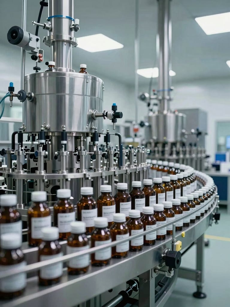 Wide architectural shot of an automated bottling line inside a clinical, GMP-certified pharmaceutical manufacturing facility, bright cool lighting, stainless steel machinery, precise rows of supplement bottles.