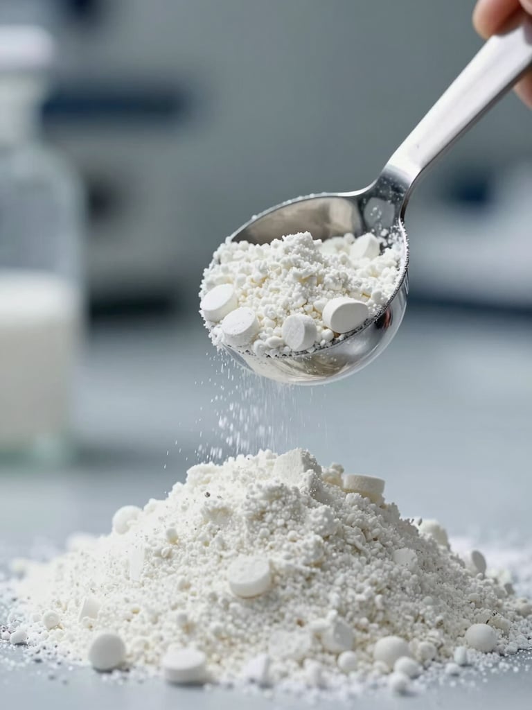 Macro close-up of clean white supplement powder being measured with a stainless steel scoop in a sterile laboratory environment, cool clinical lighting