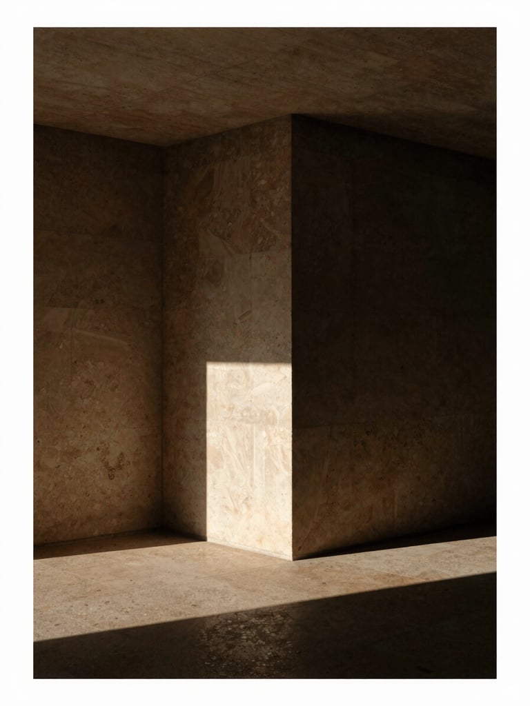 Editorial architectural photography, dramatic side-lighting, deep shadows. A minimalist concrete interior with warm travertine tones, 35mm