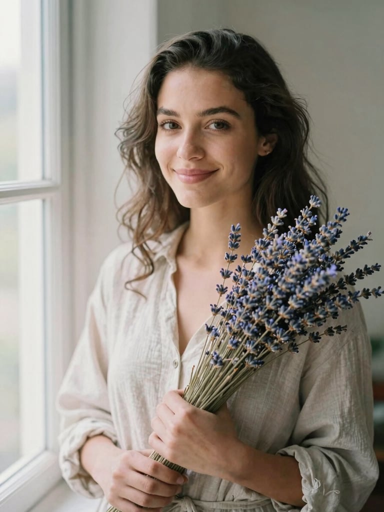 A warm, soft-focus portrait of Maraeyah Taylor smiling gently, holding a basket of dried lavender, soft morning window light, shallow depth of field.