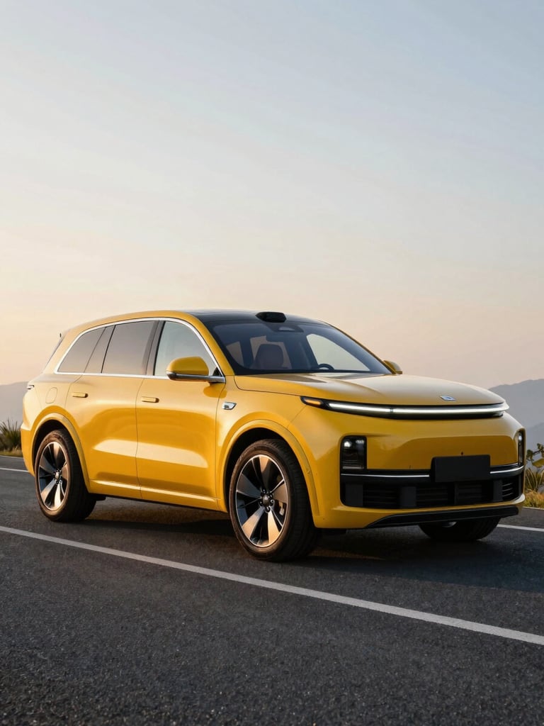 A clean premium SUV parked on a scenic highway at sunrise, high contrast yellow and black tones, professional automotive photography