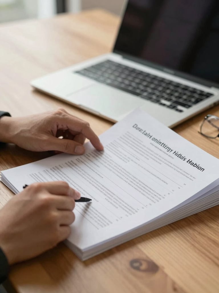 Close-up of a person's hands turning pages of a printed financial document on a clean wooden desk, a laptop open in the soft background, warm north-facing daylight spilling in from the left, generous negative space at top
