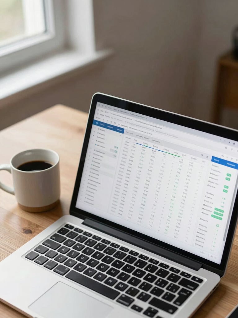 Close-up overhead shot of a laptop screen displaying a clean financial data dashboard, a ceramic coffee mug beside the keyboard on a pale wooden desk, calm north-facing window light falling from the left, generous negative space in the upper frame