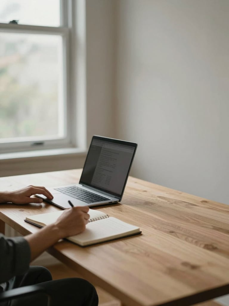 Environmental wide shot of a quiet home office — a single person's hands resting beside an open notebook and a laptop on a light wood desk, north-facing window light casting a calm, even glow across the surface, generous negative space to the right