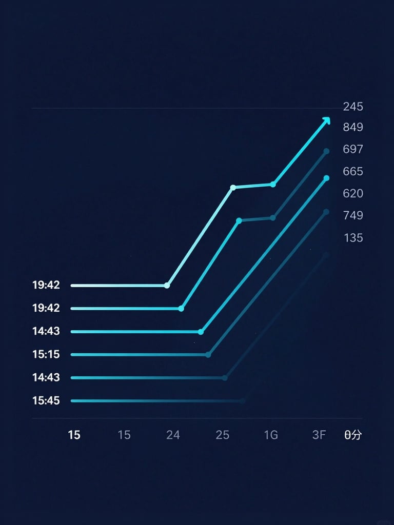 High-fidelity UI mockup of a career roadmap trajectory chart, showing salary growth over fifteen years, clean electric cyan lines on deep midnight blue background, portrait aspect