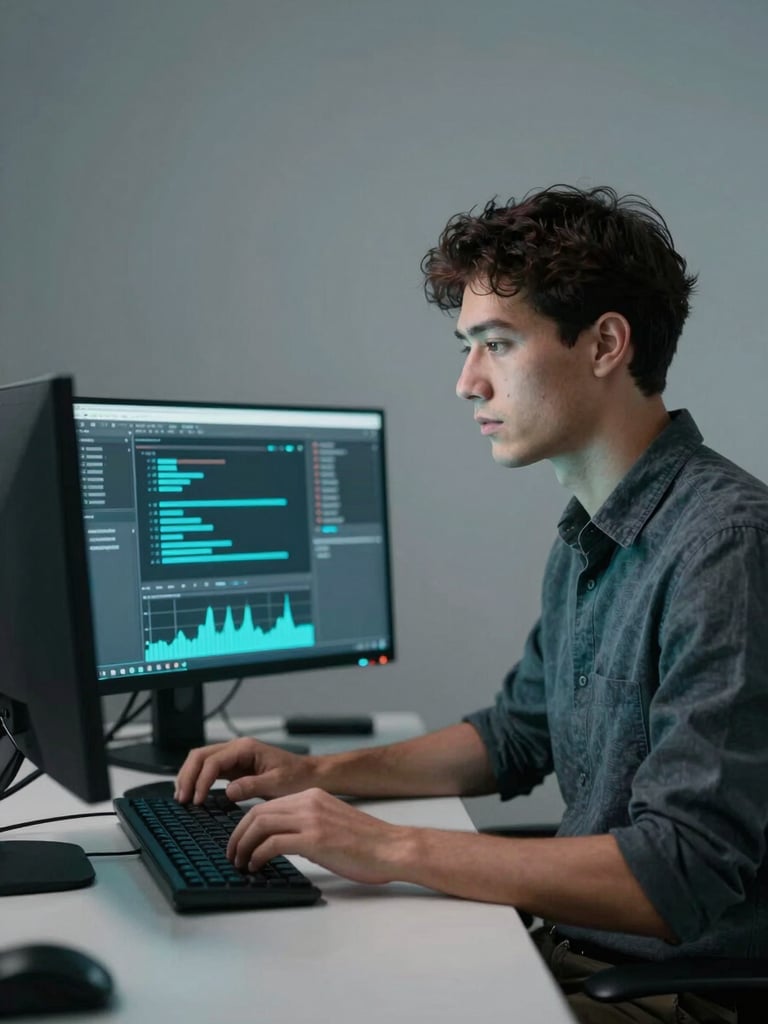 A professional software engineer working at a clean dual-monitor setup, cool-toned crisp lighting with subtle cyan accents, natural portrait aspect