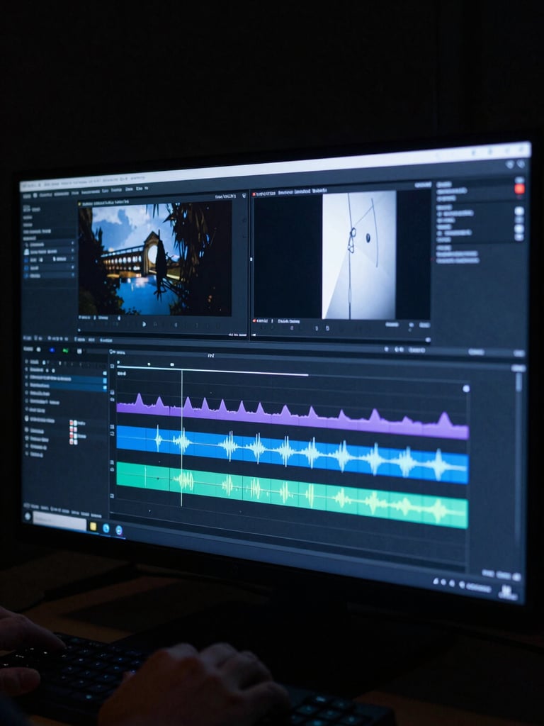 Portrait-format film still of an edit suite monitor in darkness, timeline waveforms glowing on screen, hands resting on a keyboard just visible at the bottom edge, low-key blue-tinted practical light, no face visible