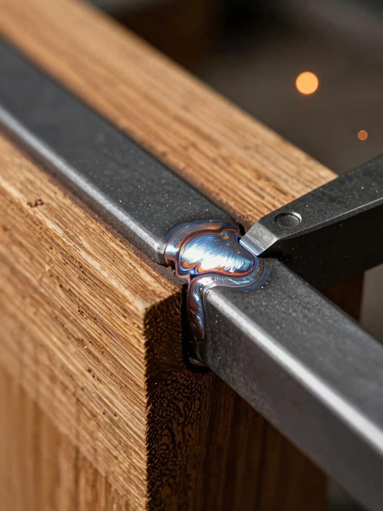 Close-up macro shot of a precise weld joint on matte black metalon steel, meeting the rich, textured golden-brown grain of solid Angelim wood, warm workshop lighting with subtle sparks in background.