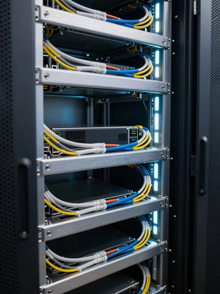 Close-up of a server rack interior mid-installation, structured cabling in tight bundles, cool LED strip lighting reflecting off steel chassis panels, no people visible