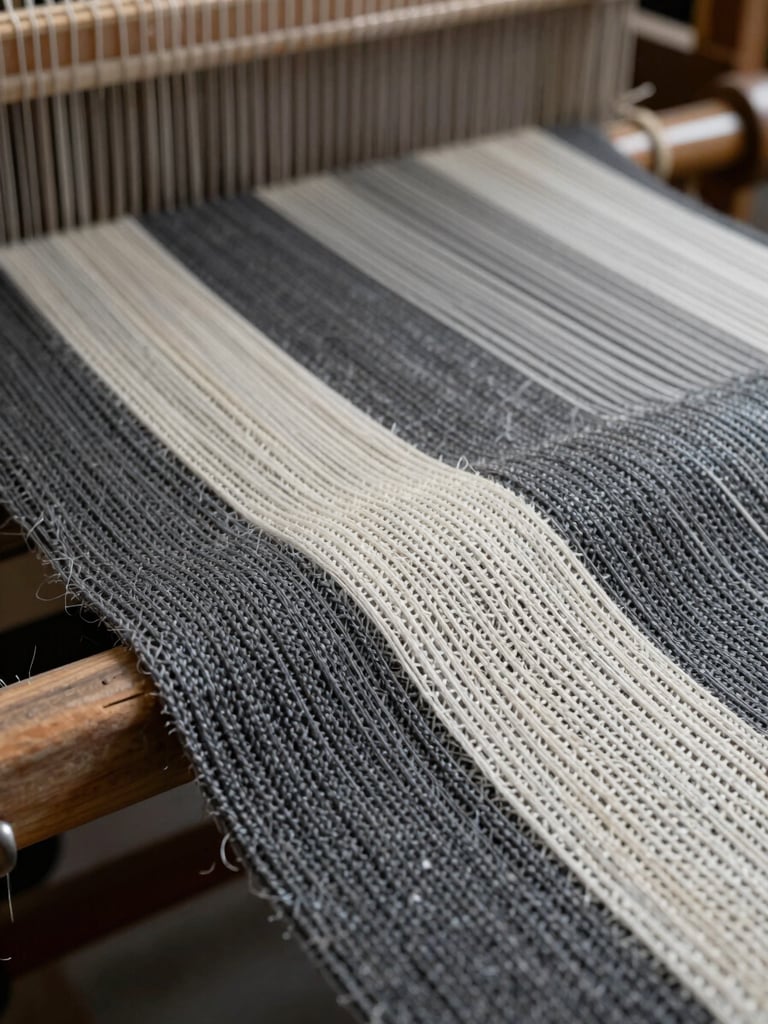 Macro close-up of woven textile fabric on a loom, taut warp threads in charcoal grey and natural white, studio strobe lighting revealing tight weave structure and texture, industrial loom frame at the edges