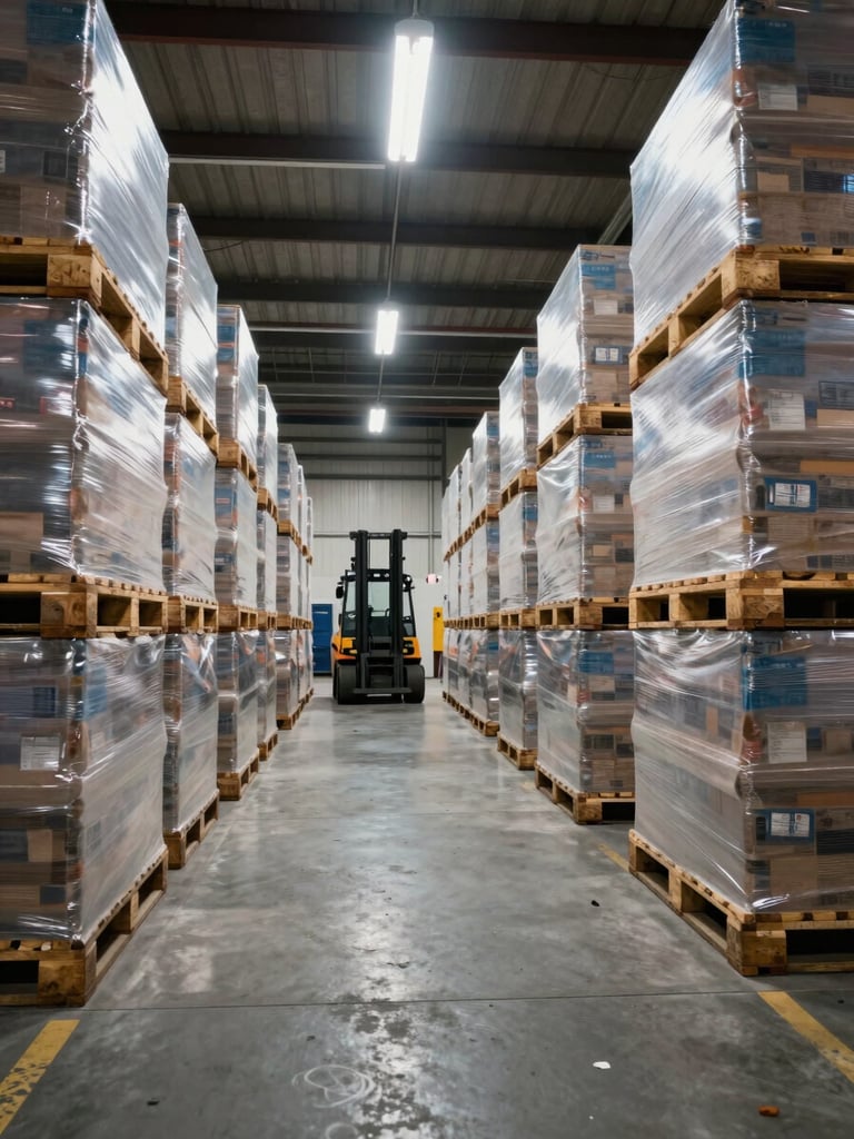 Wide-angle view of a bonded warehouse loading dock, stacked pallets wrapped in stretch film under sodium vapor overhead lighting, a forklift visible at the far end of the aisle, no people in foreground