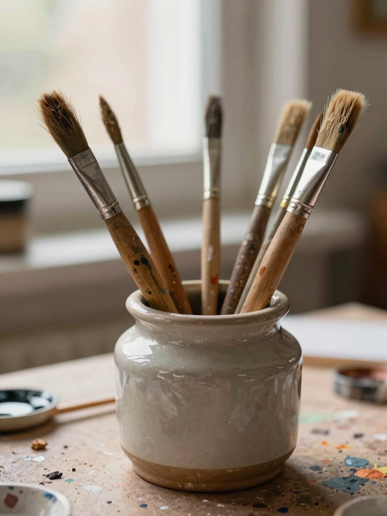 A close-up of worn wooden paintbrushes resting in a textured ceramic jar on a paint-splattered studio table, soft window light, warm editorial style.