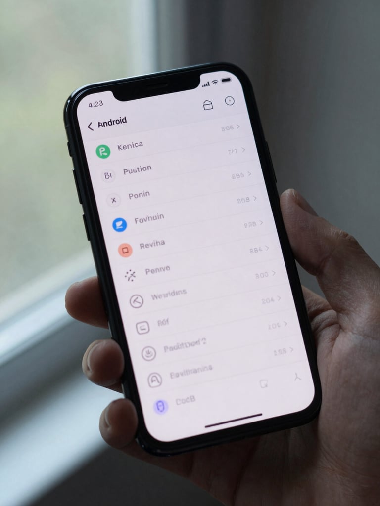 Close-up of a hand holding an Android phone at a slight angle, app UI visible on the screen showing clean data-rich interface, natural daylight from a nearby window, cool unsentimental light, fingers partially visible around the device body