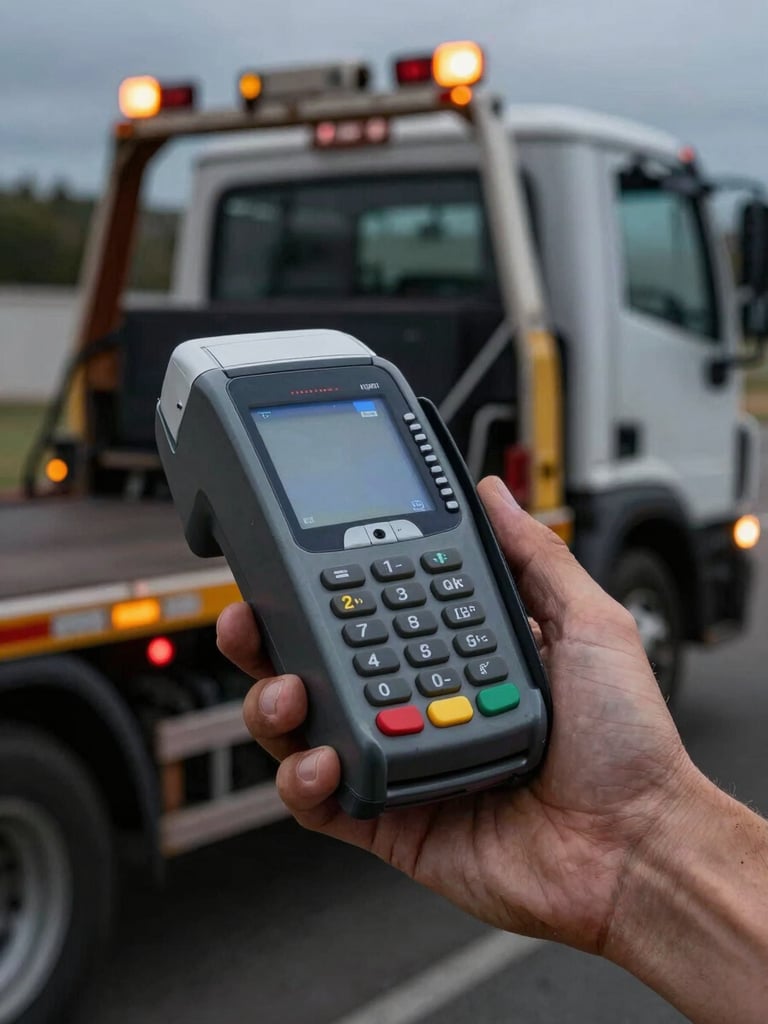 Close-up of a wireless credit card machine held by a tow truck operator's hand at night, illuminated by the amber flashing lights of a flatbed truck in the background, gritty realism, high contrast.