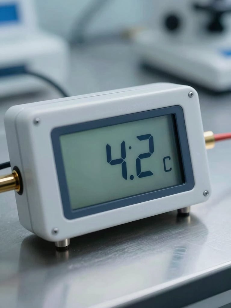 Macro shot of a calibrated digital temperature sensor showing a precise 4.2 degrees Celsius reading on a high-contrast screen, sterile cold laboratory lighting, clean metal surfaces.