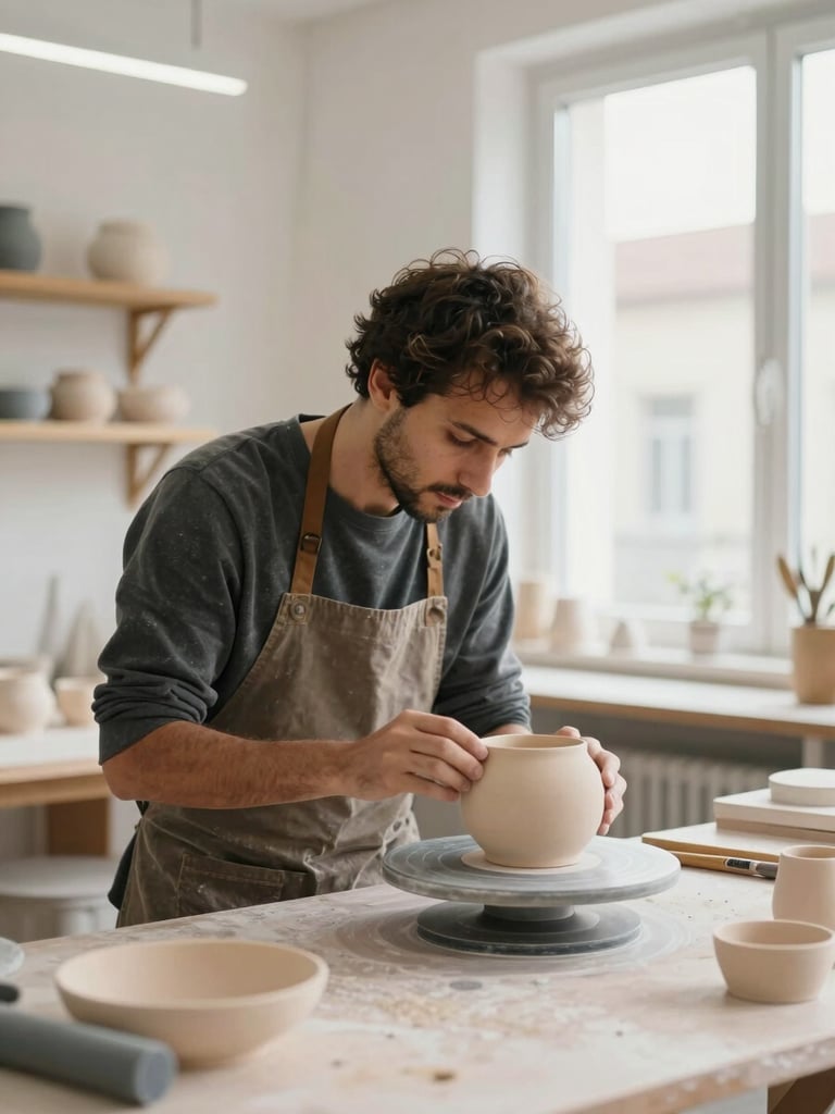 Medium shot of a craftsman inspecting a ceramic piece in a bright, modern Portuguese workshop, soft natural window light, sand and slate tones, 35mm lens.