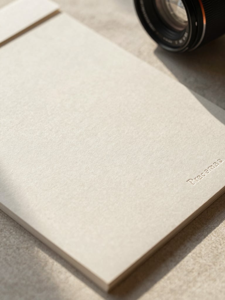 Close-up of premium embossed stationery on a textured linen surface, warm afternoon light.