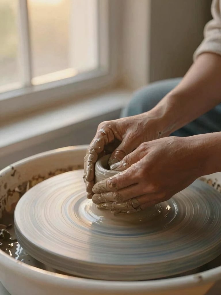 Close-up of hands shaping wet terracotta clay on a potter's wheel, soft golden-hour window light, warm earthy tones, 35mm film