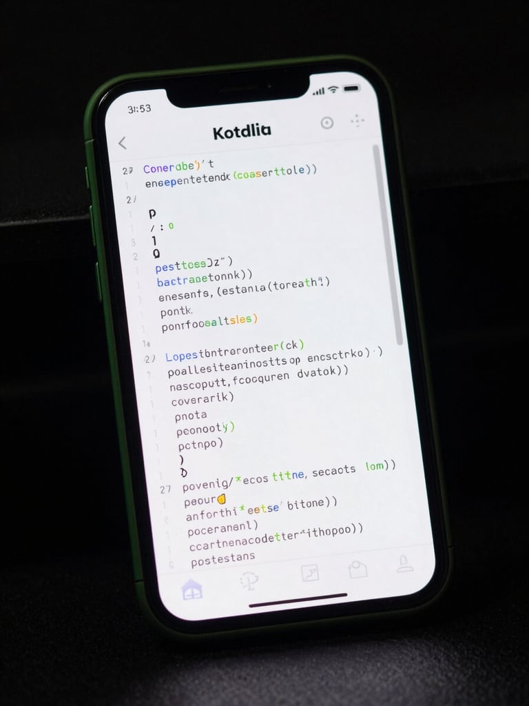Low-key studio shot of a physical Android device screen displaying a clean Kotlin IDE code block, sharp green edge-lighting reflecting off the glass.