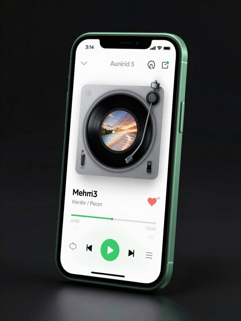 A modern Android phone showing a media player UI with sharp mint green accents, low-key studio lighting, dark background.