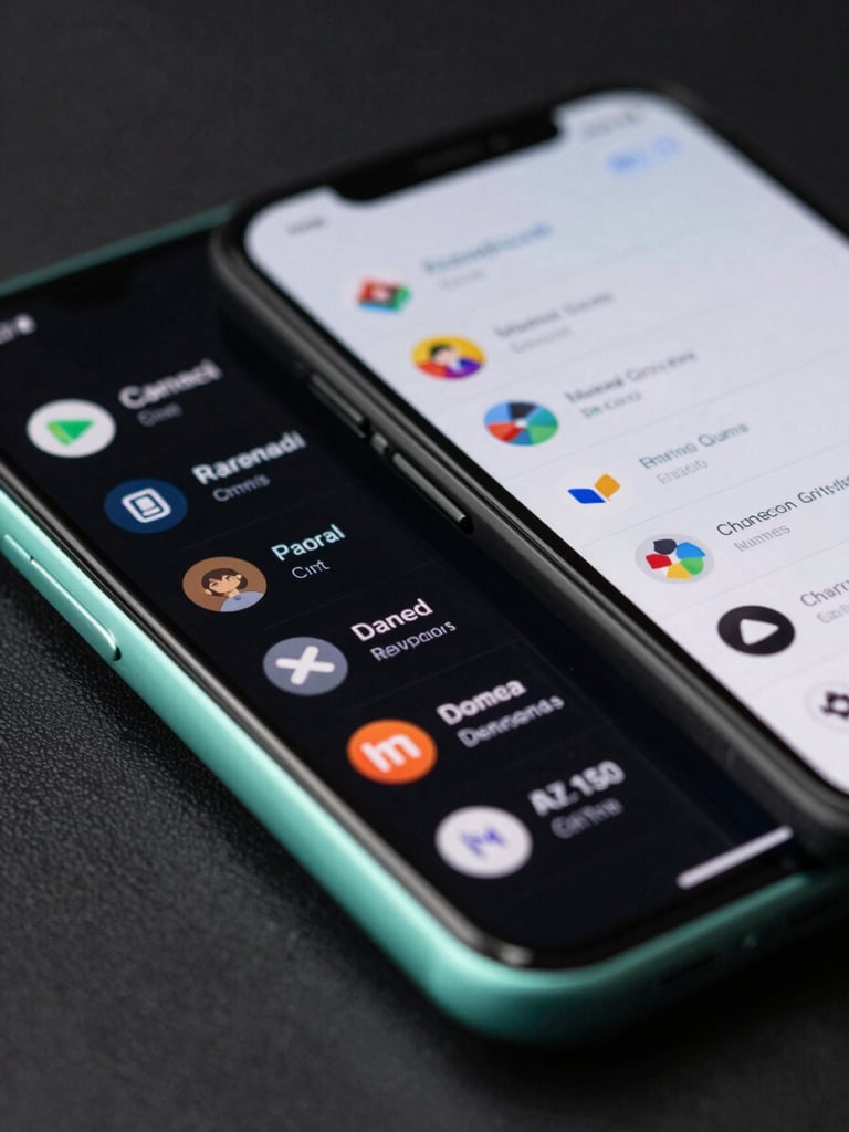 Macro close-up of a physical Android device screen showing high-fidelity UI transitions, low-key studio lighting with sharp mint green edge-lights reflecting off glass.
