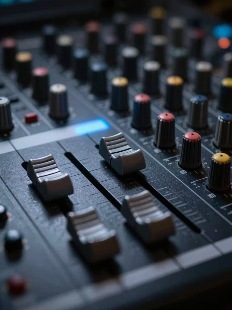 Tight close-up frame, left-bleed crop, a mixing console's channel faders and rotary knobs under deep-key studio lighting — a narrow beam of cold neon blue catches the top edges of the faders, everything below dissolving into near-total black, selective focus isolates two adjacent knobs in razor-sharp detail while the rest of the hardware trails into soft shadow