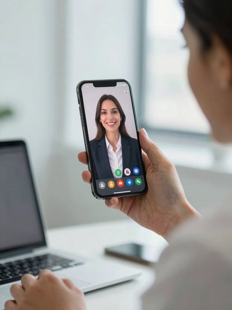 Eye-level medium close-up of a professional administrative specialist in a bright, modern Brazilian office, conducting a secure video-call on a smartphone, displaying a transparent and friendly interface.