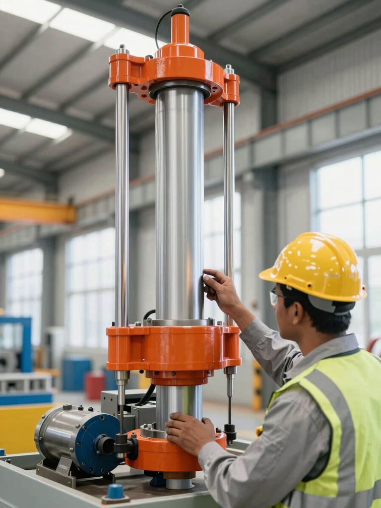 Close-up of a professional industrial technician in safety gear inspecting a hydraulic lift cylinder inside a bright Gujarat warehouse