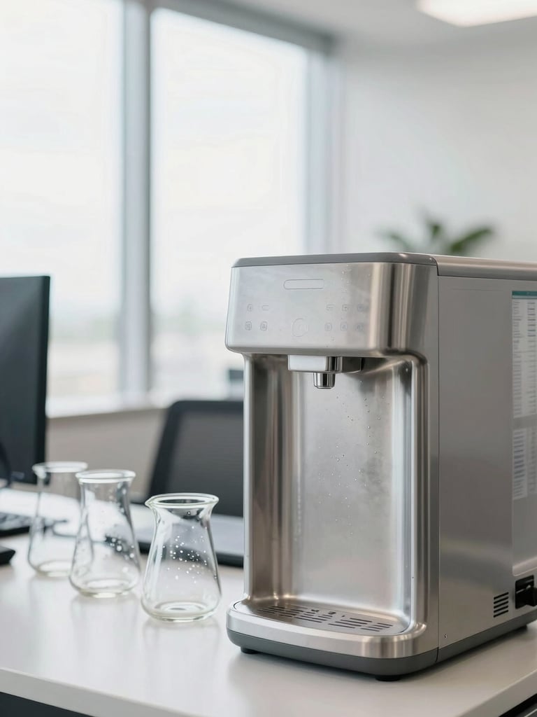 A close-up of condensation on clean glassware next to an integrated stainless steel water dispenser in a bright, sunlit South Florida workspace