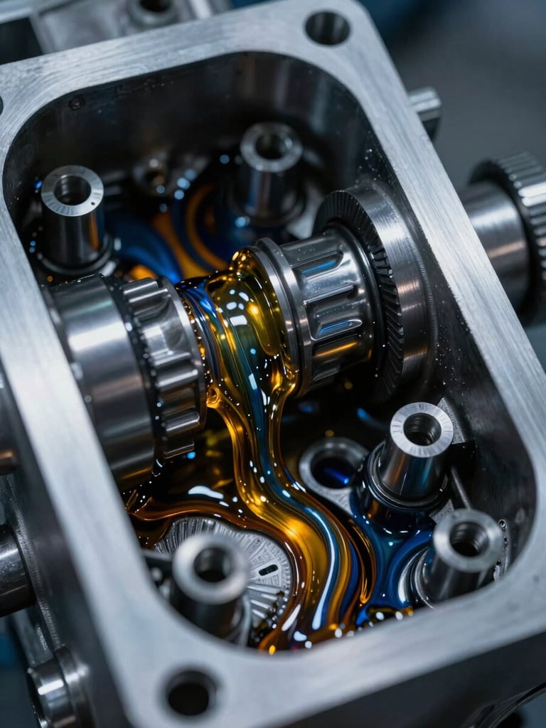 Extreme close-up macro of an engine cross-section under cool industrial lighting, oil channels visible inside machined steel, high contrast between dark metal and the translucent amber-blue sheen of flowing lubricant, technical documentation aesthetic