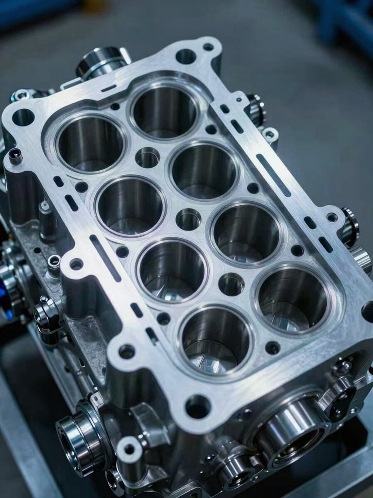 Extreme close-up of an engine block cross-section showing precision-machined cylinder walls and bearing surfaces, cool industrial overhead lighting, metallic blue-steel tones, high-contrast technical documentation framing