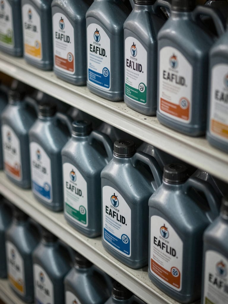 Overhead close-up framing, rows of labeled industrial lubricant containers on metal shelving in a warehouse facility, cool fluorescent lighting casting sharp shadows across uniform product packaging, tight depth of field on the label face