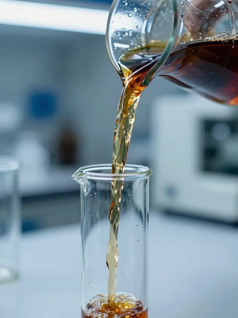 Extreme close-up of engine oil pouring from a lab beaker into a glass cylinder under cool fluorescent laboratory lighting, deep amber-blue fluid in sharp focus mid-pour, clean white lab bench surface beneath, clinical and precise framing