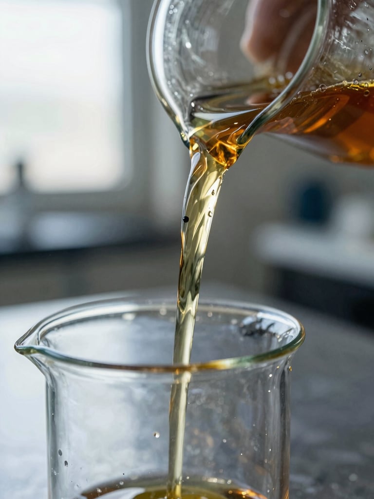 Extreme close-up macro shot of engine oil pouring from a laboratory flask into a glass beaker, cool daylight from the left, the oil stream showing viscous clarity and sheen, dark steel surface below, high contrast industrial documentation style