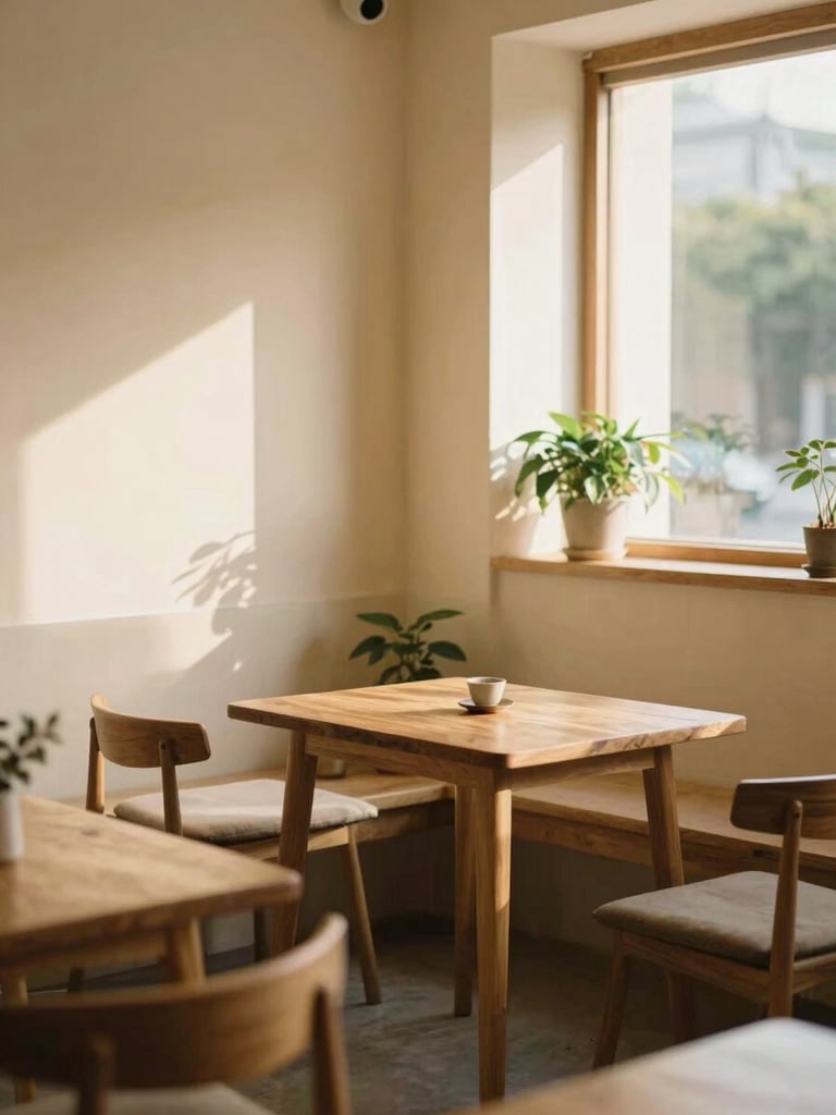 A cozy sunlit corner of a minimalist tea lounge with wooden furniture, soft cream walls, green plants, warm golden hour light pouring through a window, shallow depth of field