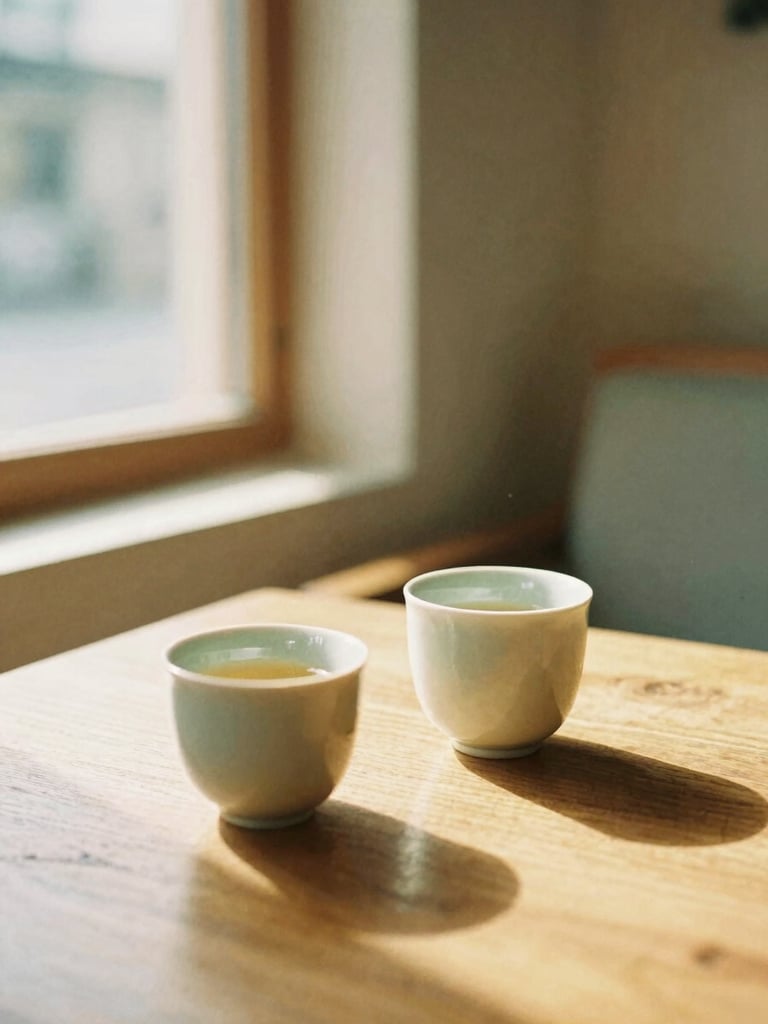 Cozy sunlit corner of a premium tea lounge, warm golden-hour light streaming through a window, ceramic cups on a wooden table, soft cream and sage green accents, shallow depth of field, 35mm film