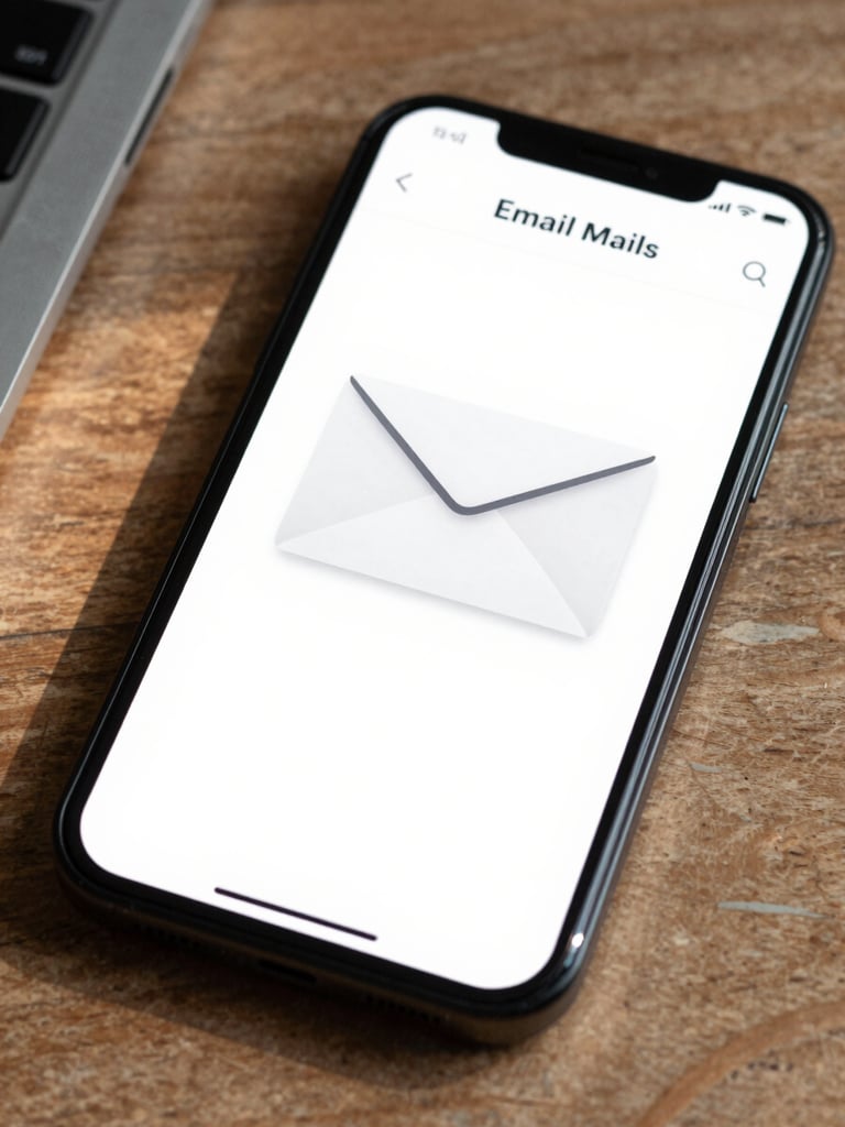 Close-up of a clean, real-world email preview on a mobile screen resting on a wooden workspace with soft morning shadows.