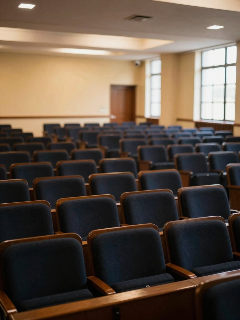 Wide environmental shot of an elegant academic lecture hall in Valledupar, warm ambient lighting, empty dark wood seats, soft focus background, institutional atmosphere.